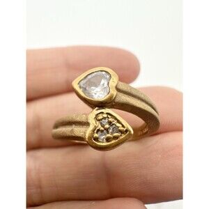 18kge Double Heart Crystal Bypass Ring Clear Stone Size 5.25